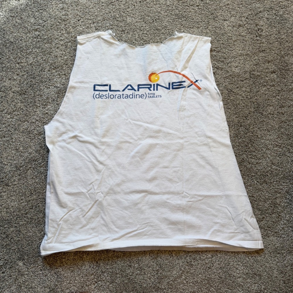 Vintage Clarinex Pharma Promo Distressed Cut Off Tank Top White Large